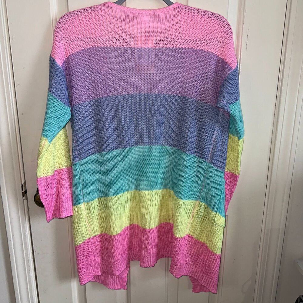 Pastel Rainbow Knit Long Sleeve Cardigan Lightweight Spring Pockets Colorblock - Picture 16 of 16